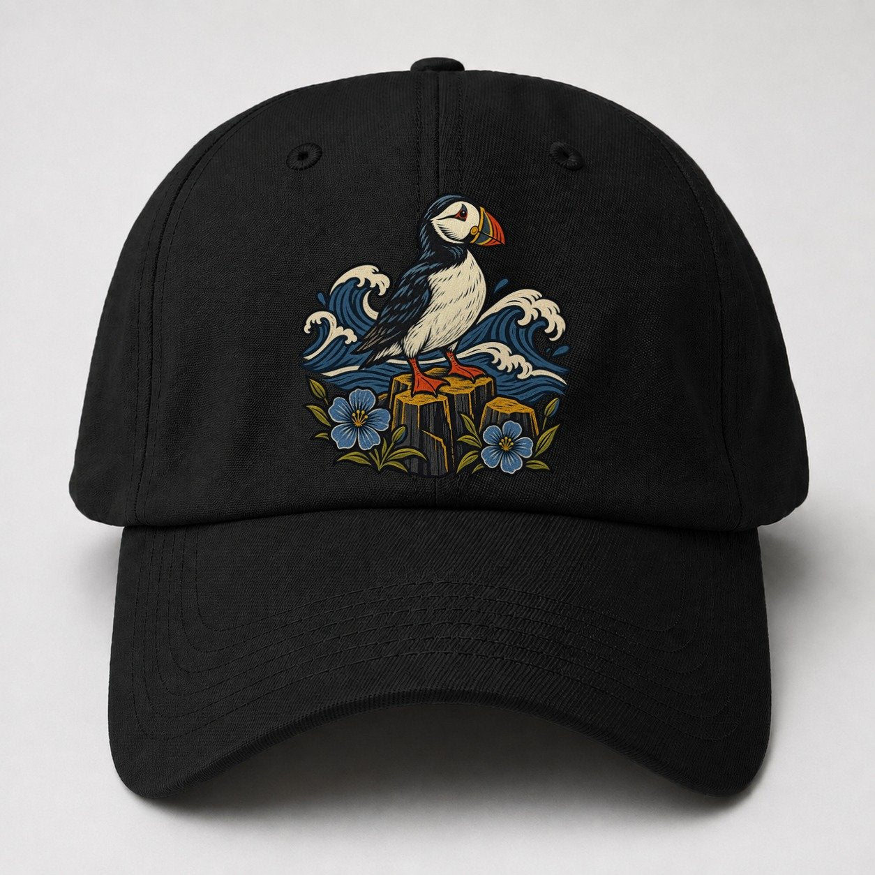 Causeway Coast Puffin And Flax Flowers Uk Culture Heritage Baseball Cap – Black