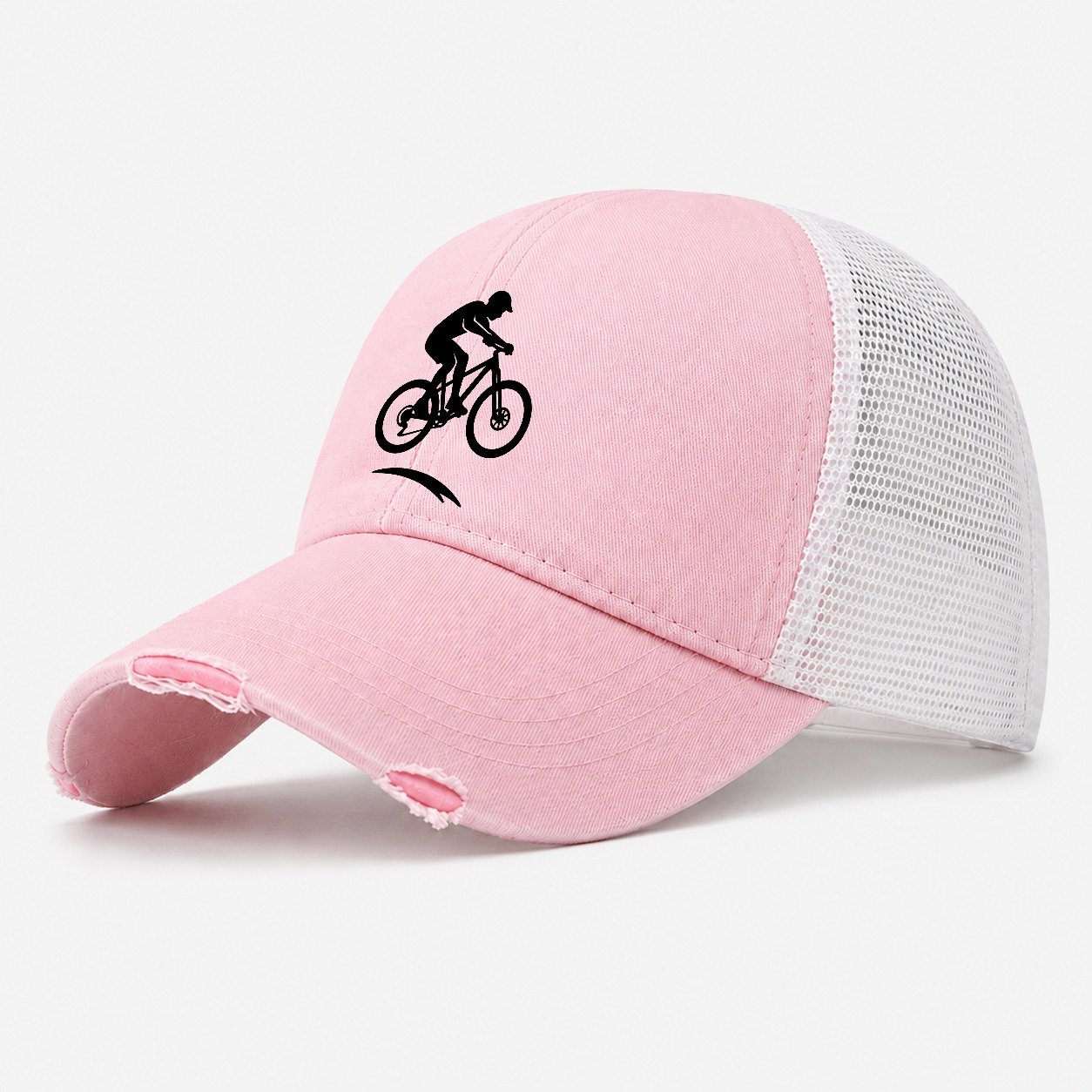 Mountain Biker Catching Air Washed Trucker Hat – Light Pink