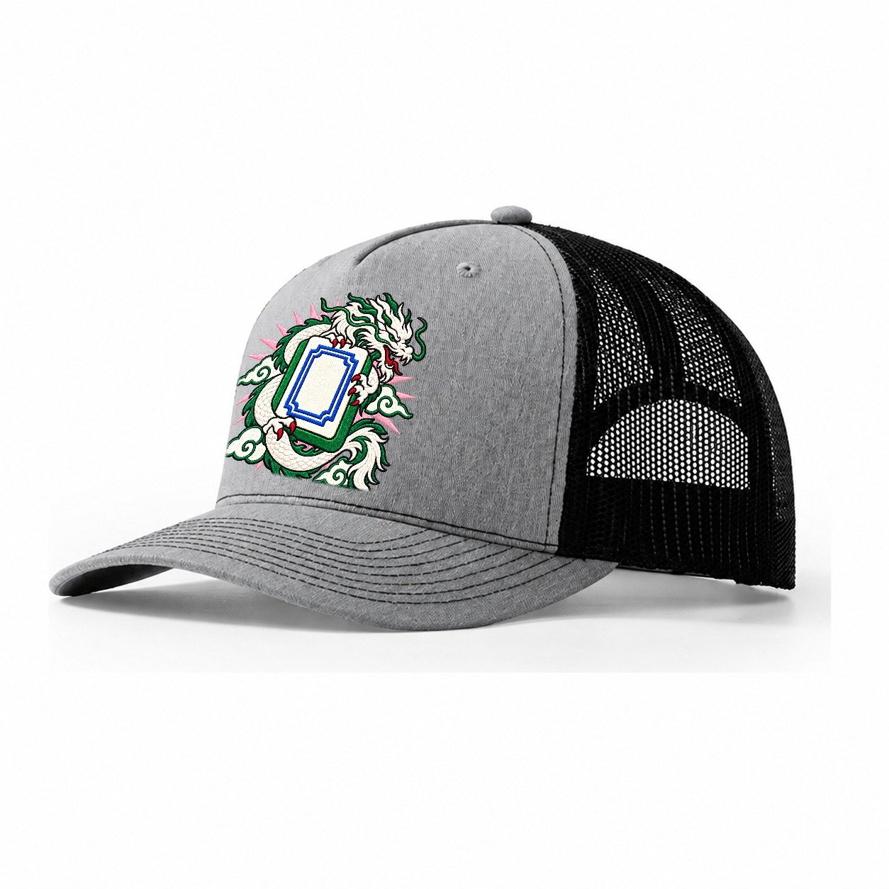 White Dragon Mahjong Game Night Trucker Hat – Sport Grey Black
