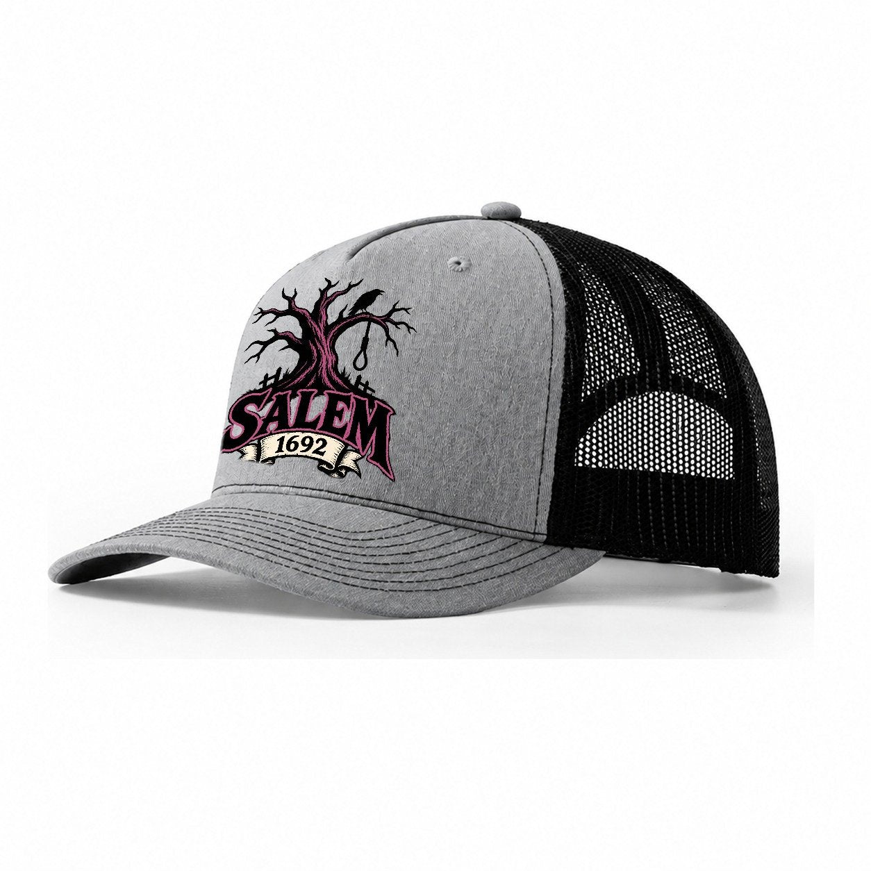 Salem Sixteen Ninety Two Witch Magic Trucker Hat – Sport Grey Black