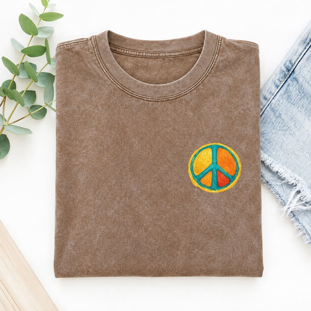 Golden Peace Left Chest Vintage T-shirt – Brown