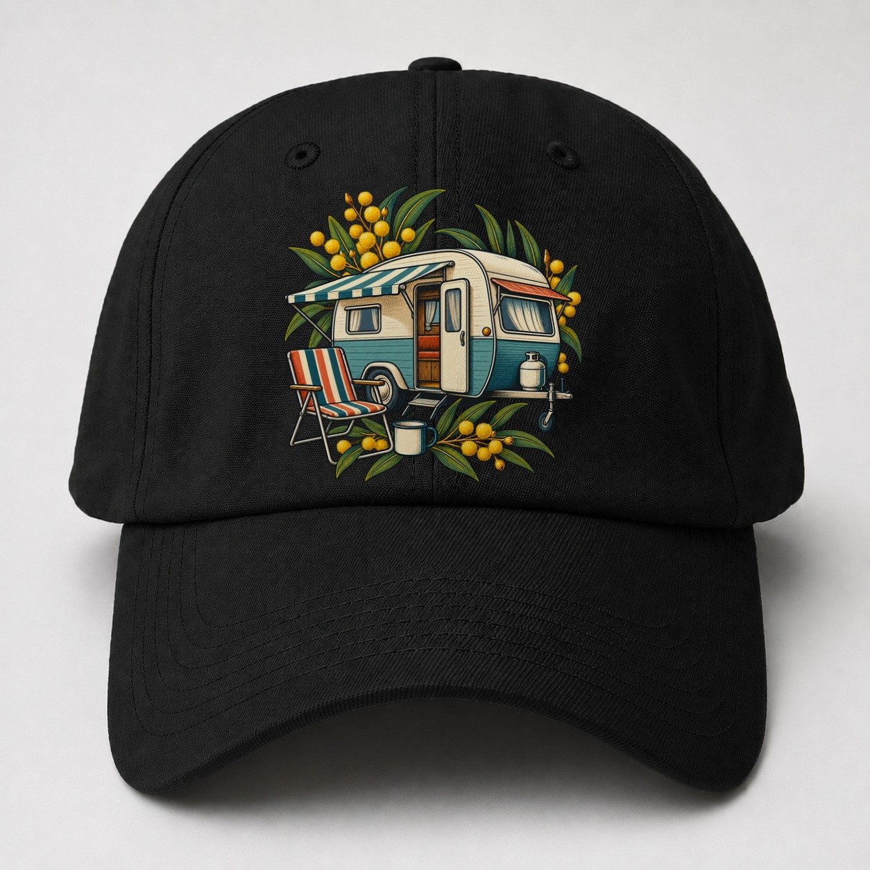 Retro Caravan Folding Chair And Enamel Mug Australia Cultural Icons Baseball Cap – Black