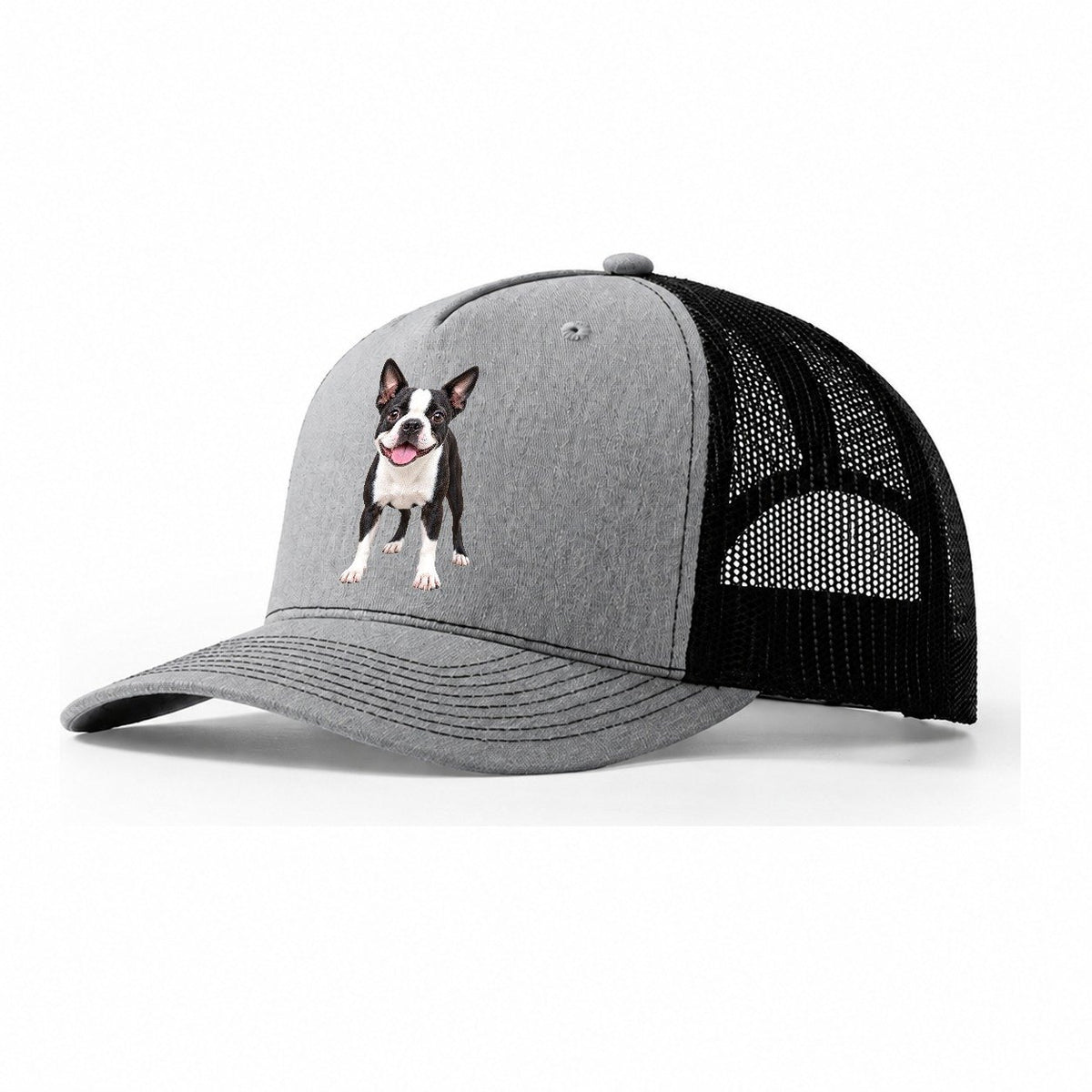 Boston Terrier Standing Top Breeds Trucker Hat – Sport Grey Black