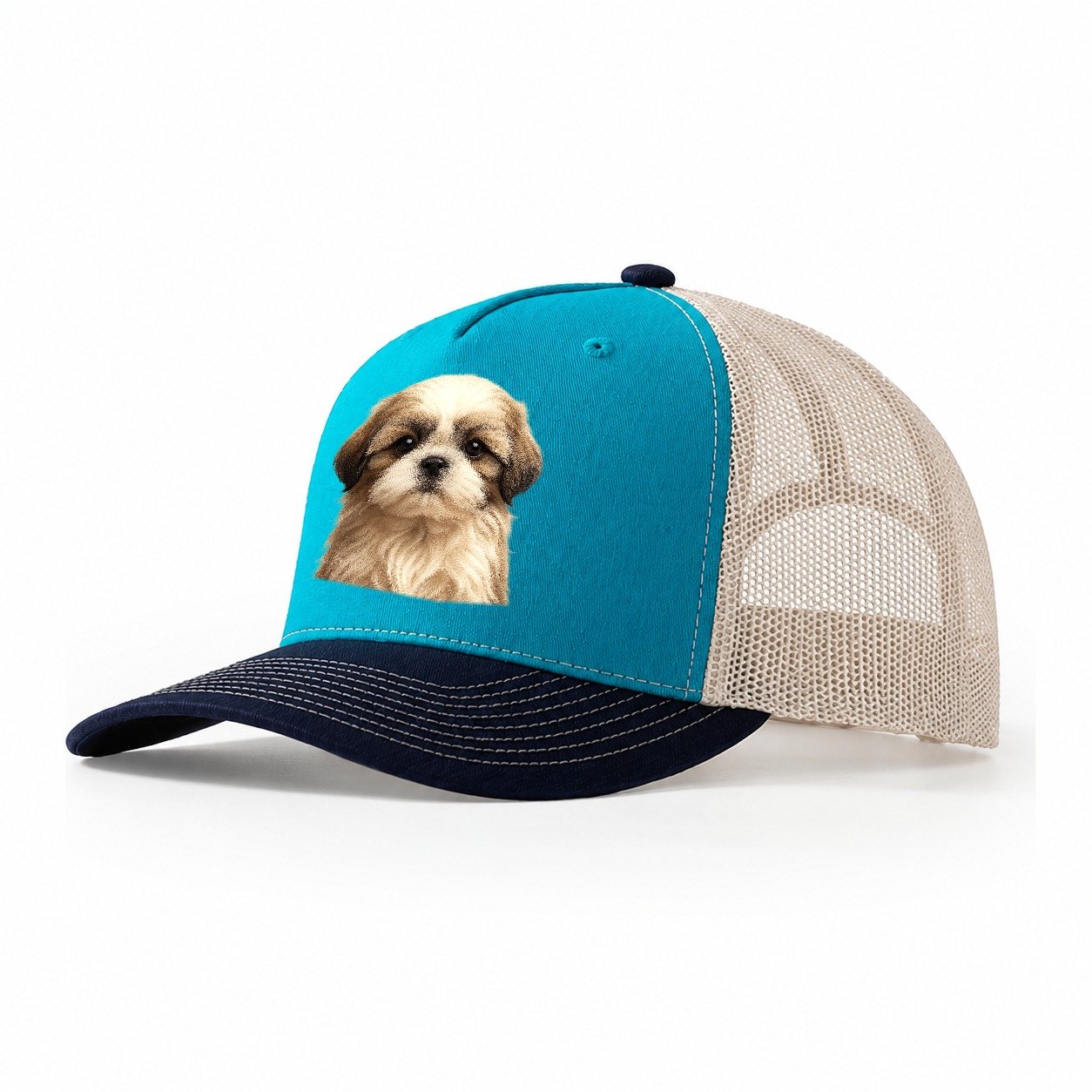 Baby Shih Tzu Puppy Long Flowing Coat Flat Face Big Dark Eye Trucker Hat – Teal-Navy