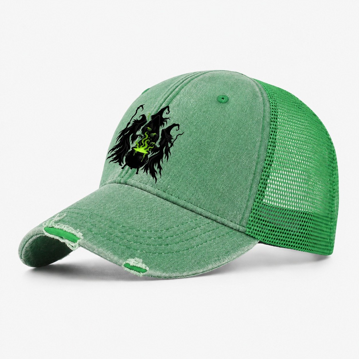 Three Weird Sisters Witch Magic Washed Trucker Hat – Ink Green