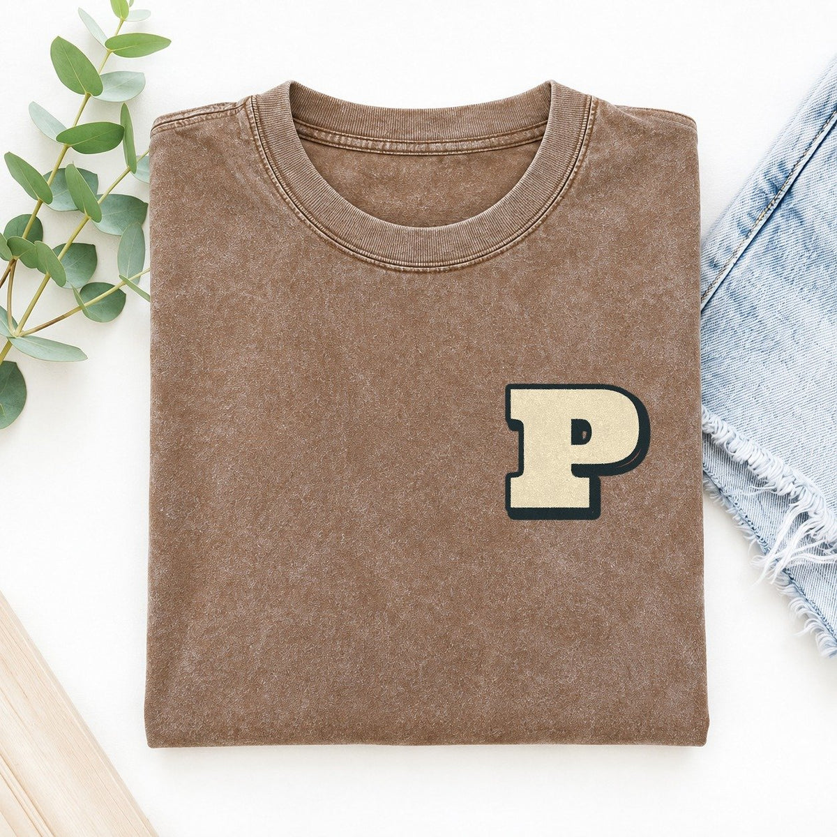 Initial P Left Chest Vintage T-shirt – Brown