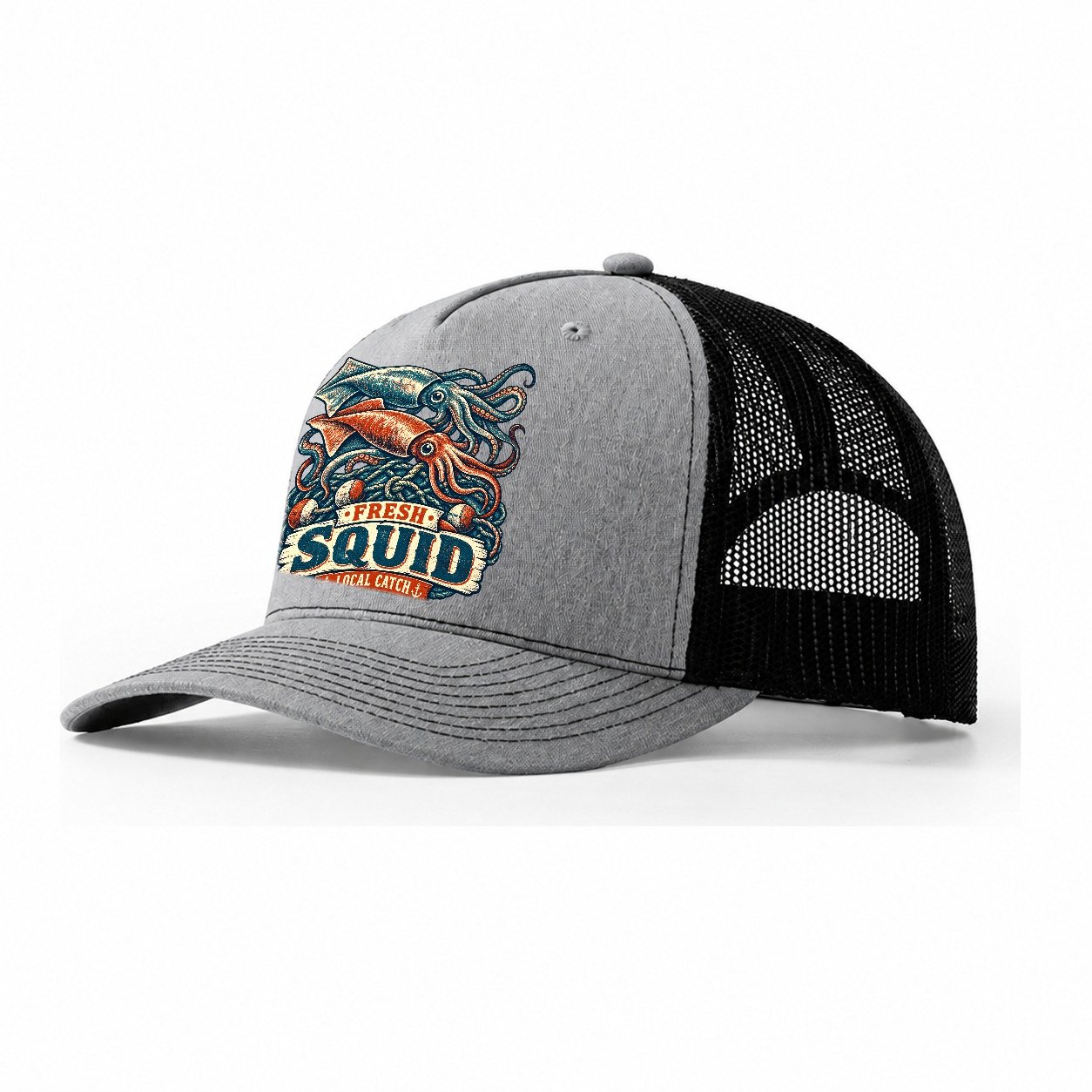 Squid And Net Stack Fishing Club Trucker Hat – Sport Grey Black