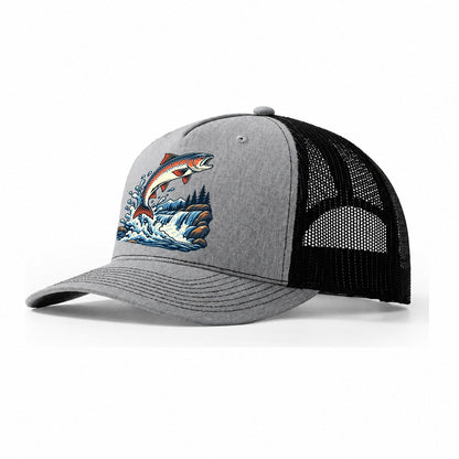 Salmon Leap Arc Fishing Elegant Trucker Hat – Sport Grey Black