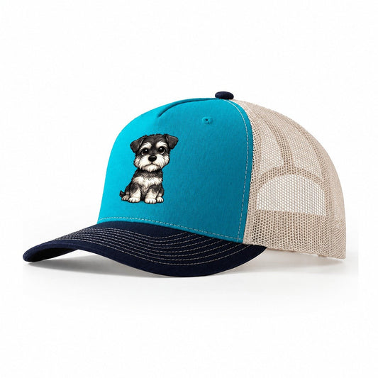 Miniature Schnauzer Sitting Sweetheart Trucker Hat – Teal Navy