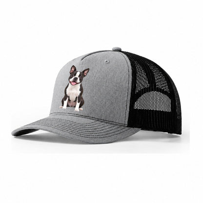 Boston Terrier Sitting Top Breeds Trucker Hat – Sport Grey Black