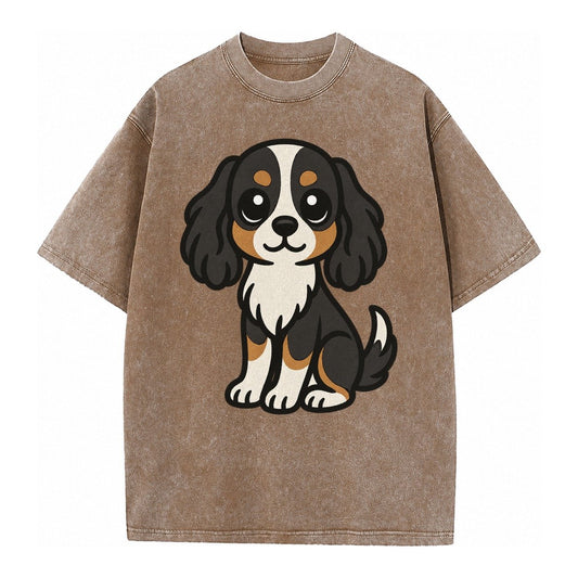 Cavalier King Charles Spaniel Tricolor Sitting Pose Portrait Vintage T-shirt – Brown
