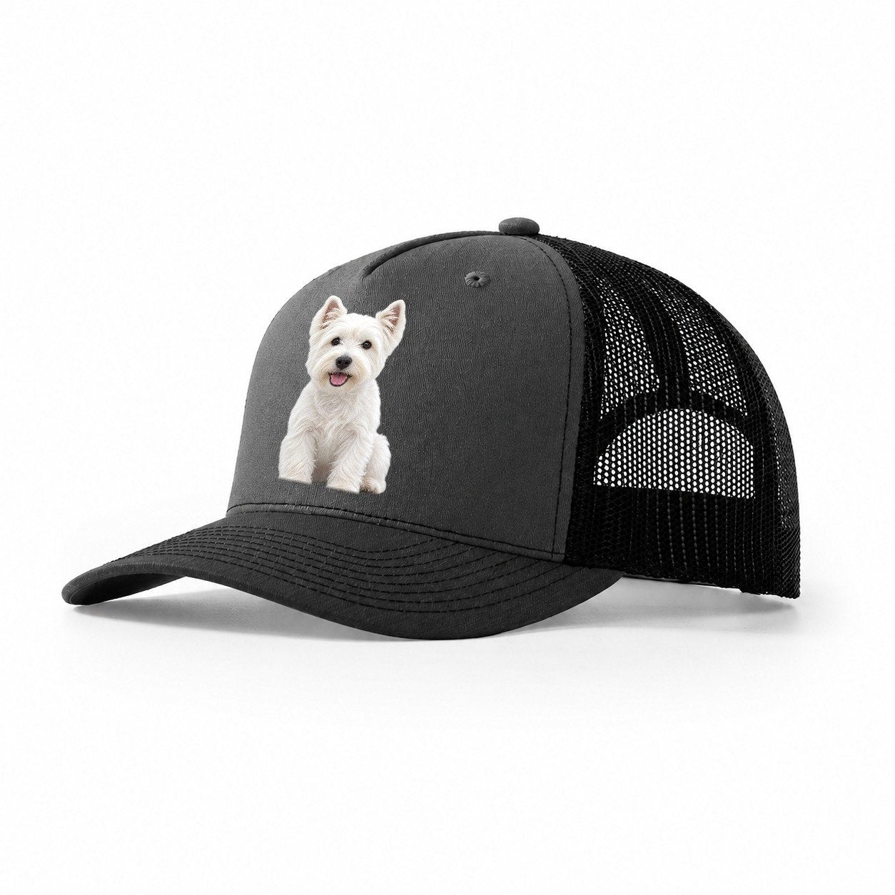 West Highland White Terrier Westie Sitting Top Breeds Trucker Hat – Dark Grey Black