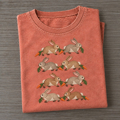 Rabbits With Carrots Single File Vintage T-shirt – Terracotta