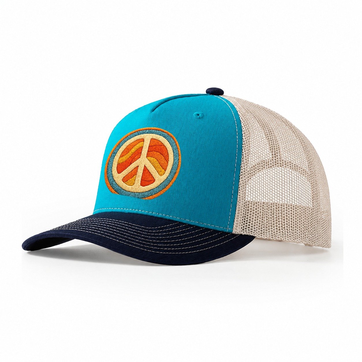 Retro Peace Harmony Trucker Hat – Teal-Navy