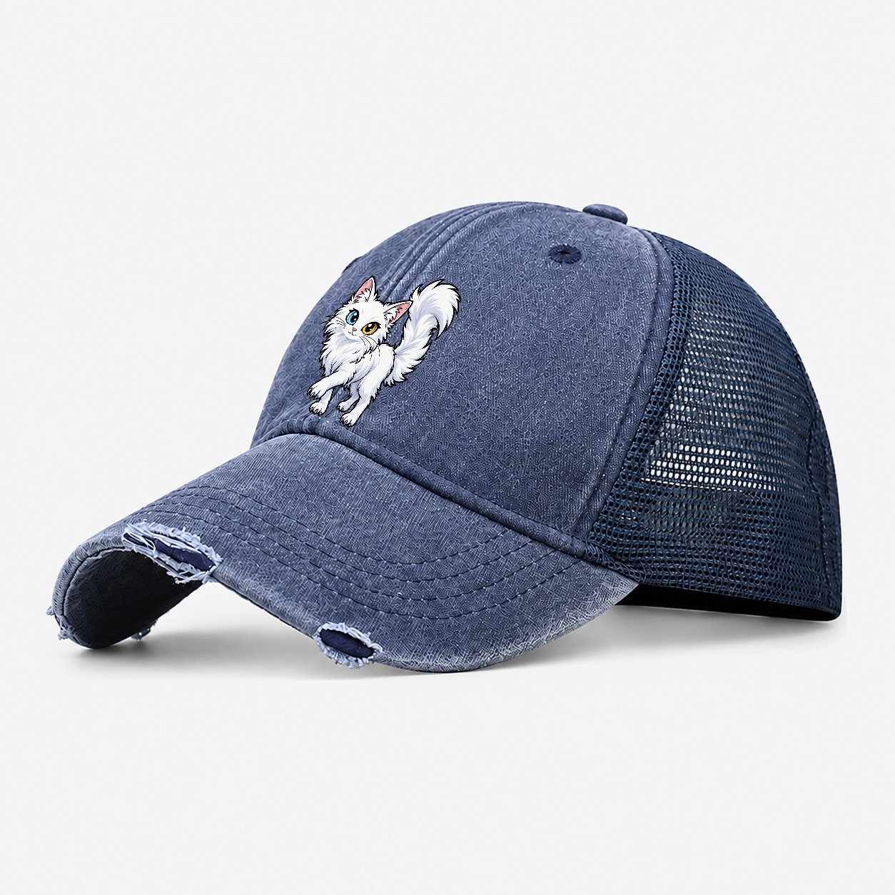 Turkish Angora Tail Up Peeking Cats Washed Trucker Hat – Navy