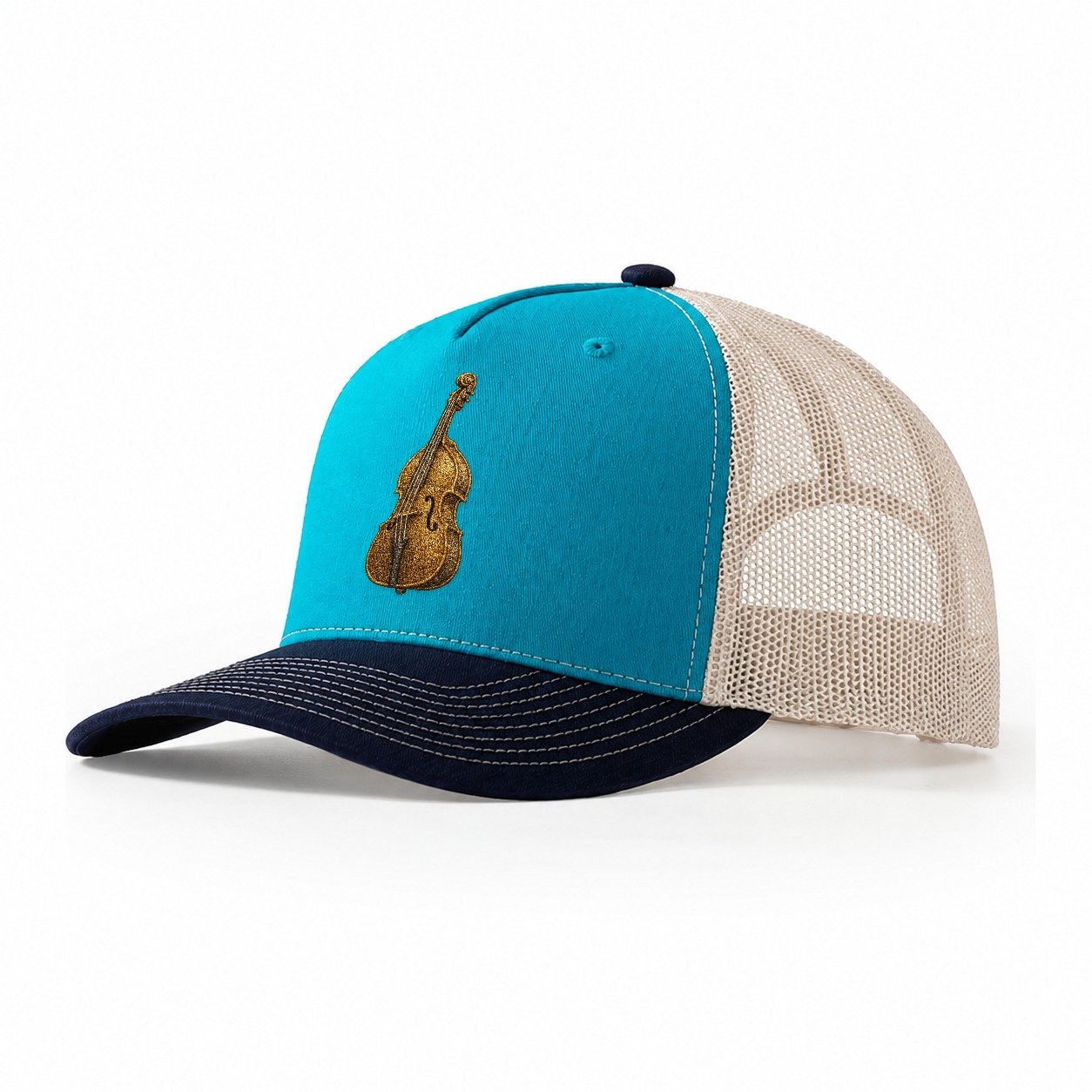 Acoustic Bass Upright Double Bass With F Holes And Wooden Br Trucker Hat – Teal-Navy