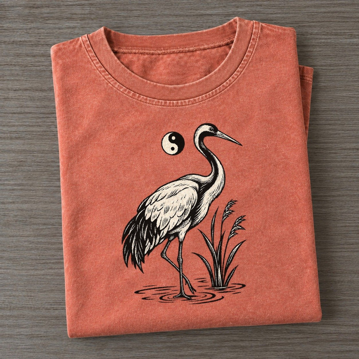 Daoist Balance Crane And Water World Faiths Ink Figures Vintage T-shirt – Terracotta