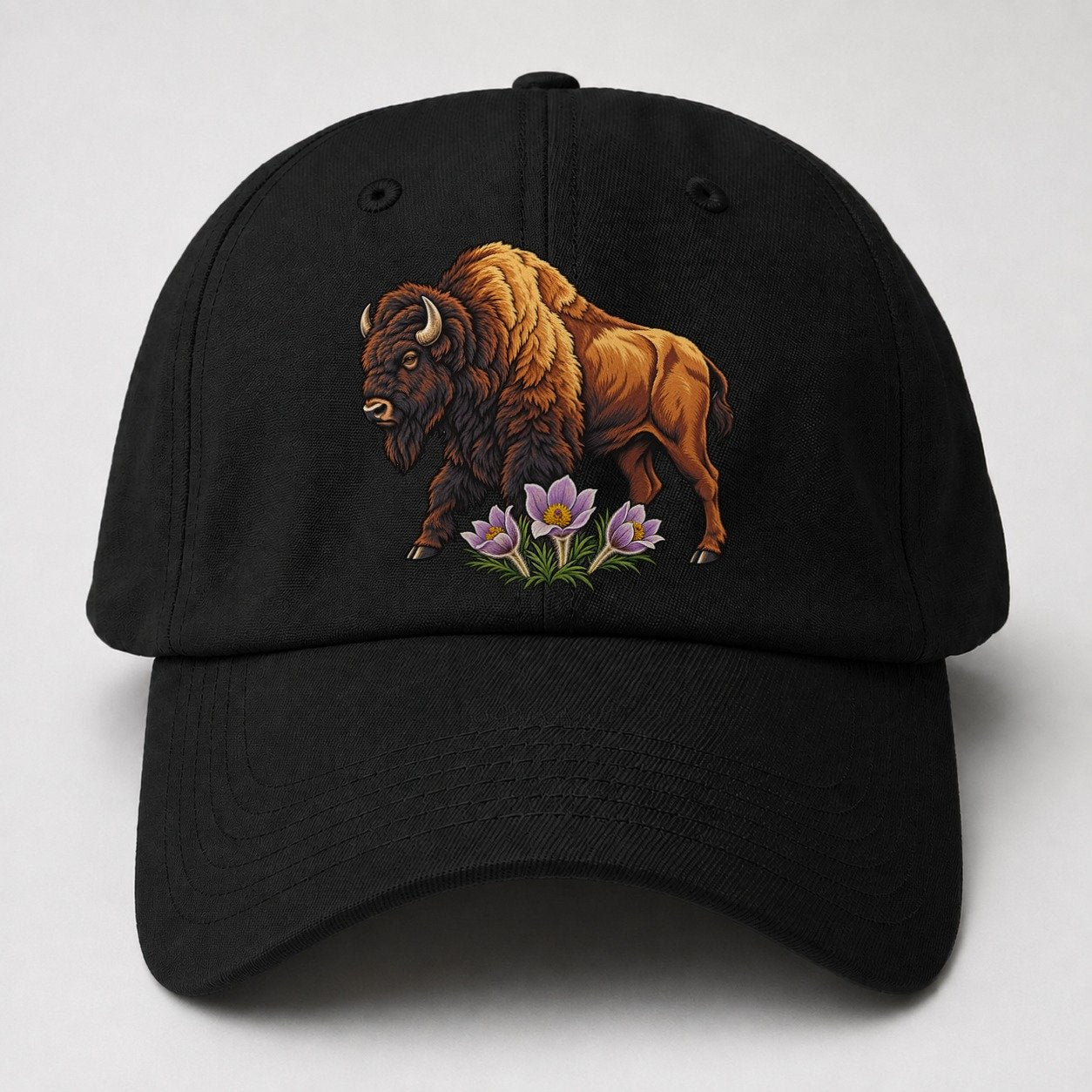 Wood Bison And Prairie Crocus Canada Cultural Icons Baseball Cap – Black
