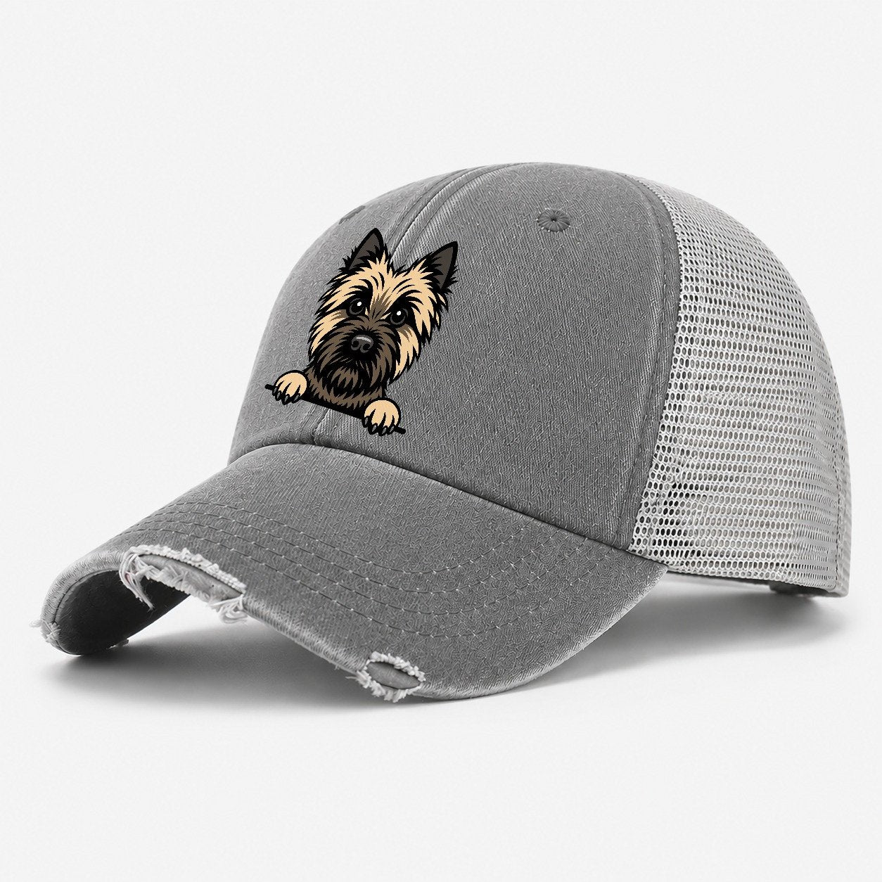 Cairn Terrier Wheaten Colored Pose Washed Trucker Hat – Grey