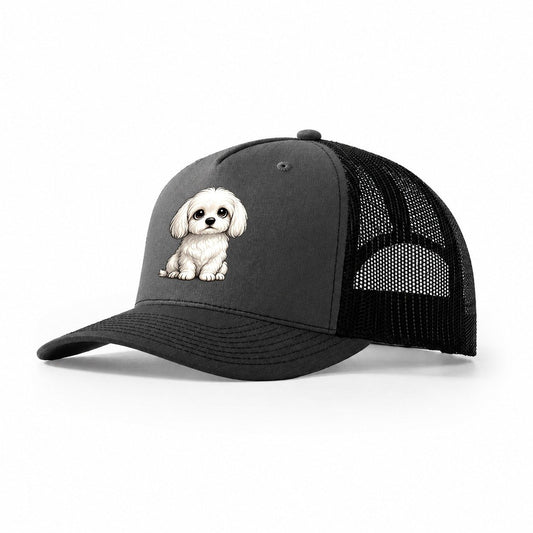 Maltese Sitting Sweetheart Trucker Hat – Dark Grey Black
