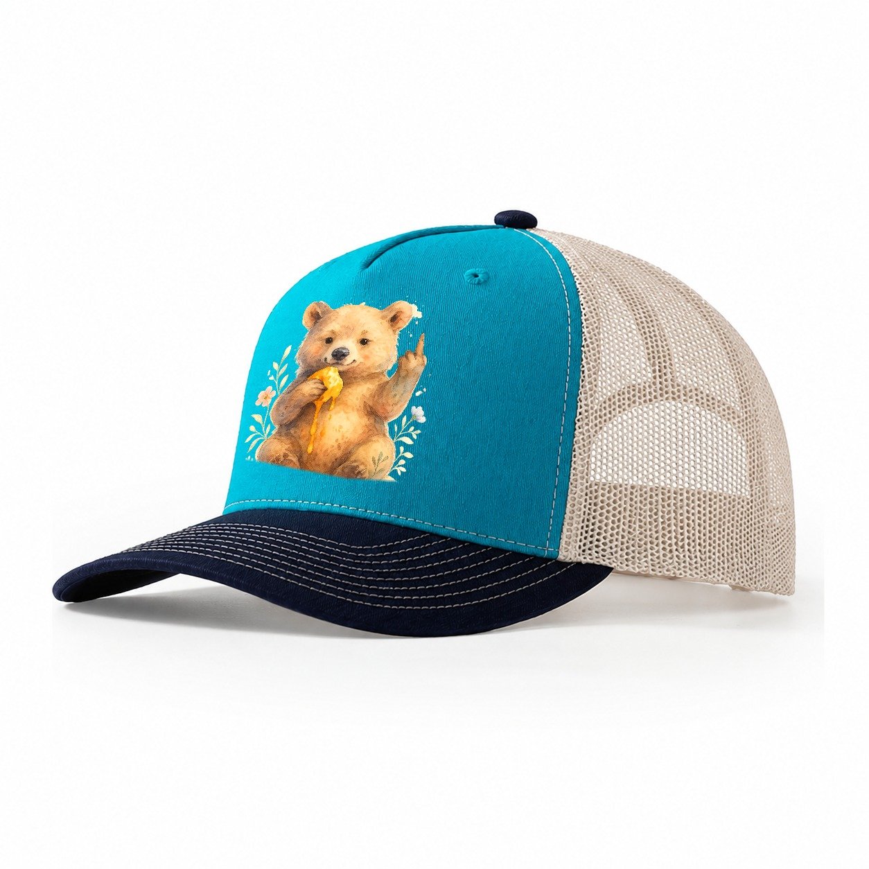 Chubby Bear Cub Eating Dripping Honey Sticky Paw Up With Mid Trucker Hat – Teal-Navy