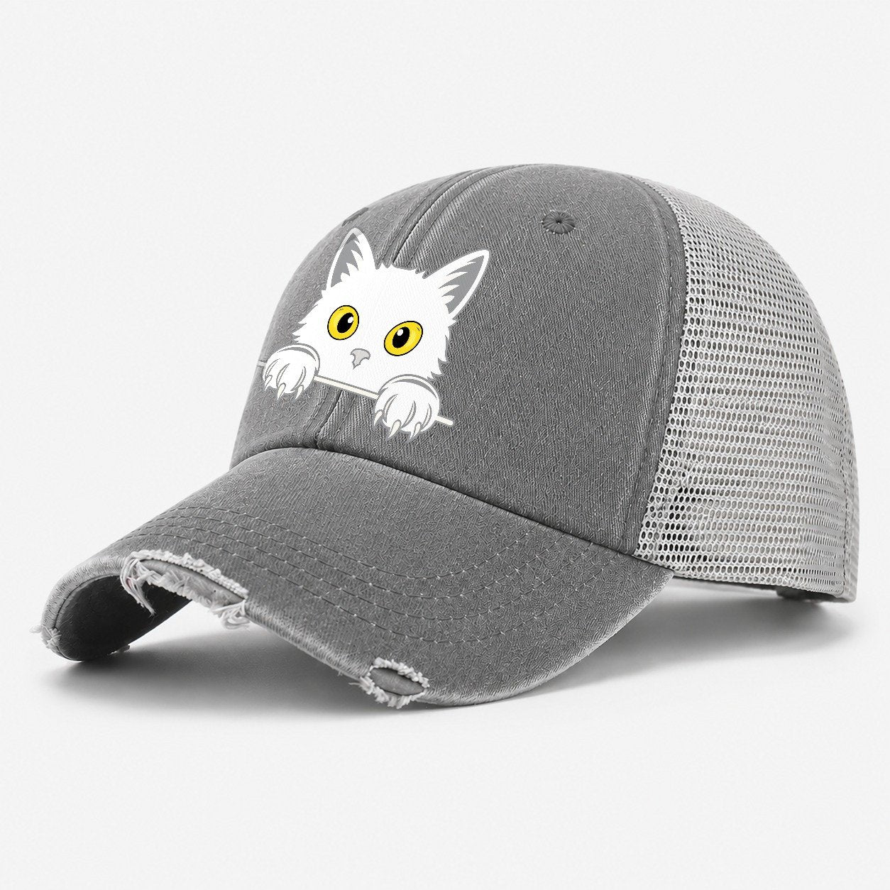 Black Cat Washed Trucker Hat – Grey