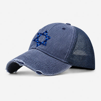 Star Of David Single Line Judaism Heritage Washed Trucker Hat – Navy