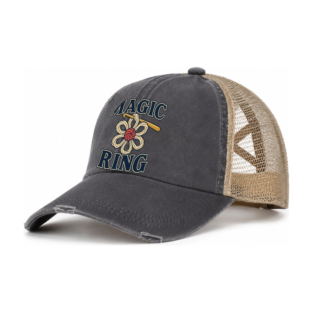Magic Ring Yarn Crafts Women's Ponytail Trucker Hat – Charcoal Khaki