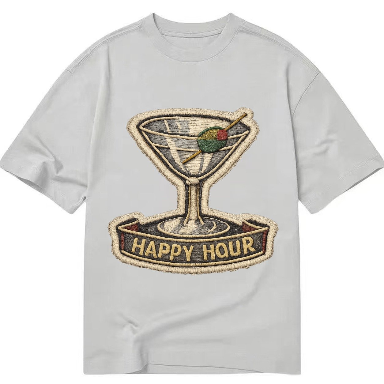 Embroidered Patch Design Cocktail Martini Martini Glass With Classic T-shirt – Grey