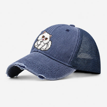White Persian Grooming Peeking Cats Washed Trucker Hat – Navy