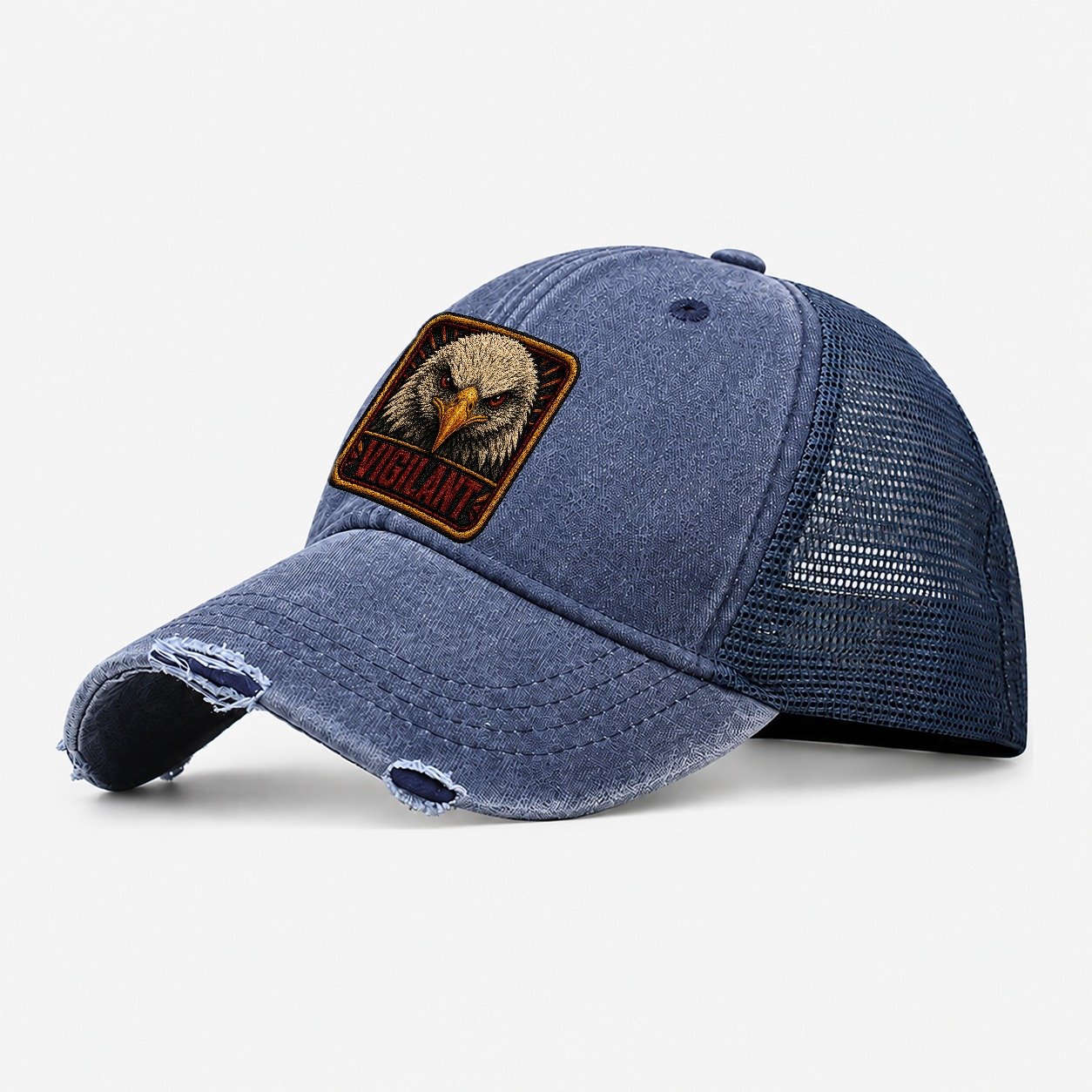 Eagle Vigilant Badge Washed Trucker Hat – Navy