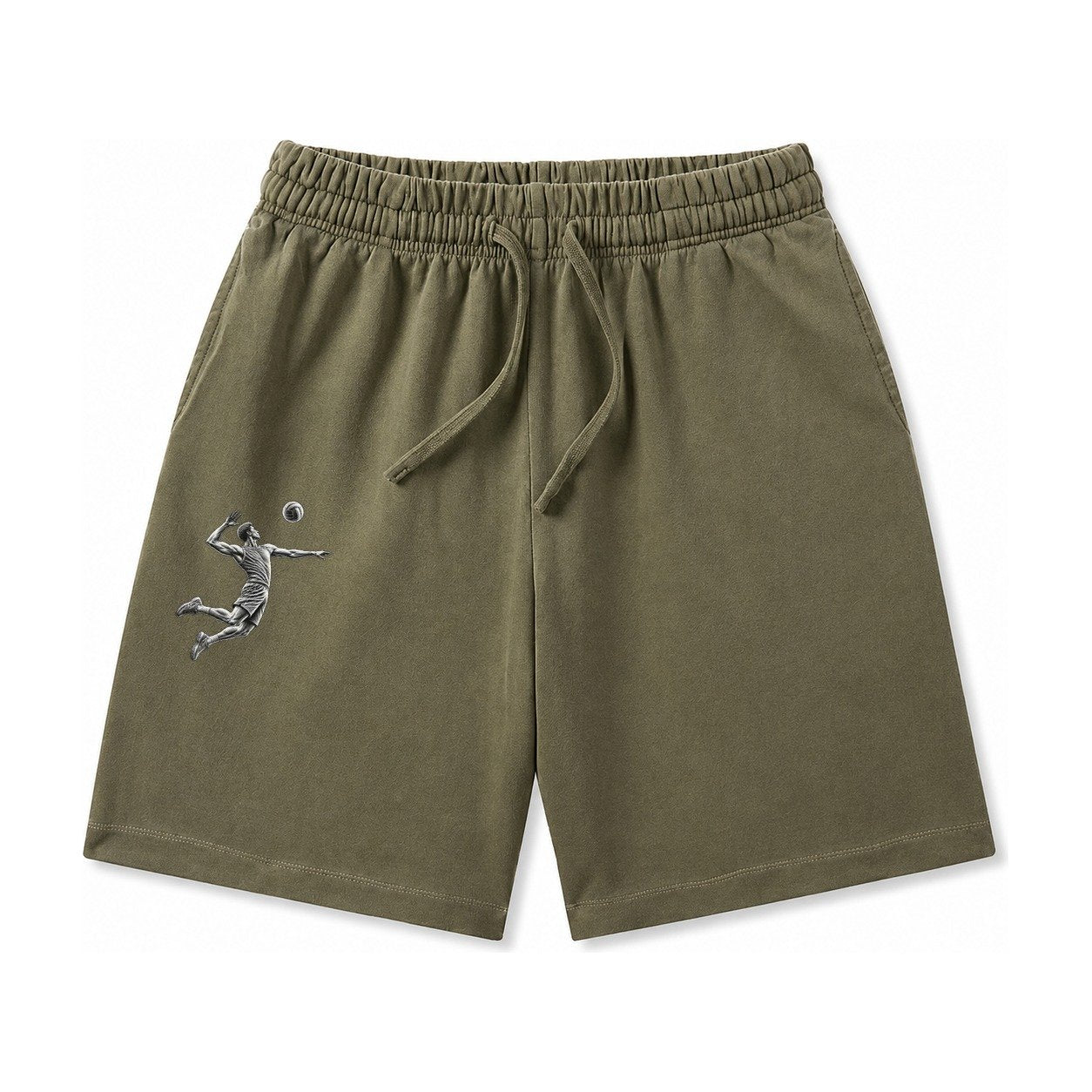 Volleyball Player Spiking Ball Washed Shorts – Army Green