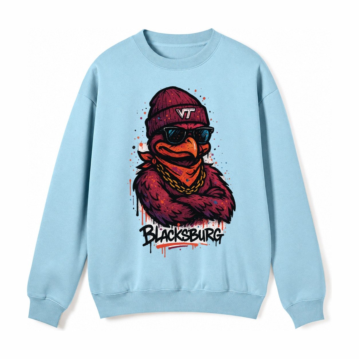Blacksburg Hokiebird Wearing Virginia Tech Beanie With Vt Pa Fleece Sweatshirt – Light Blue