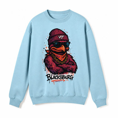 Blacksburg Hokiebird Wearing Virginia Tech Beanie With Vt Pa Fleece Sweatshirt – Light Blue