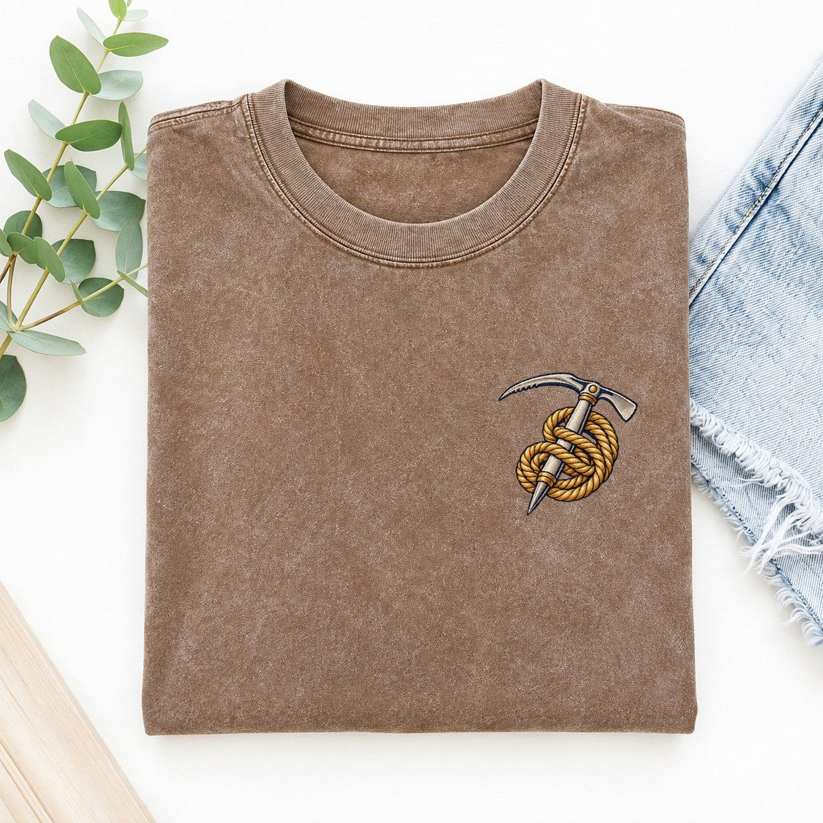 Ice Axe Rope Coil Left Chest Vintage T-shirt – Brown