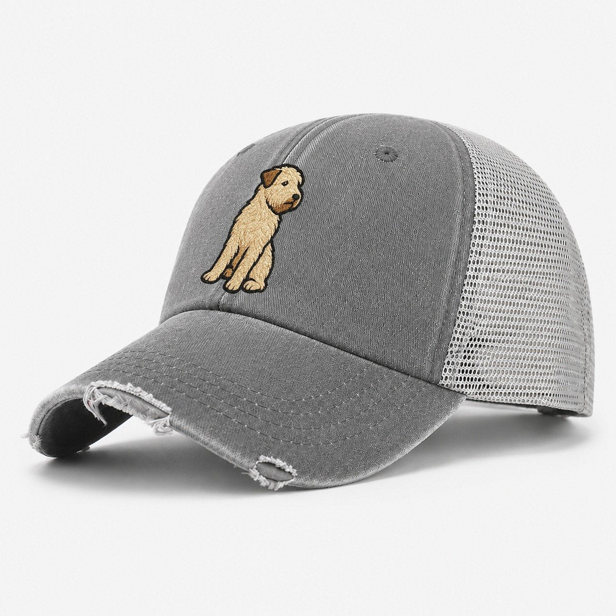 Soft Coated Wheaten Terrier Light Tan Flowing Coat Embroider Washed Trucker Hat – Grey