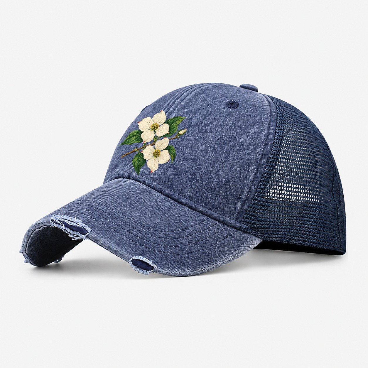 British Columbia Pacific Dogwood Bloom Canada Cultural Icons Washed Trucker Hat – Navy
