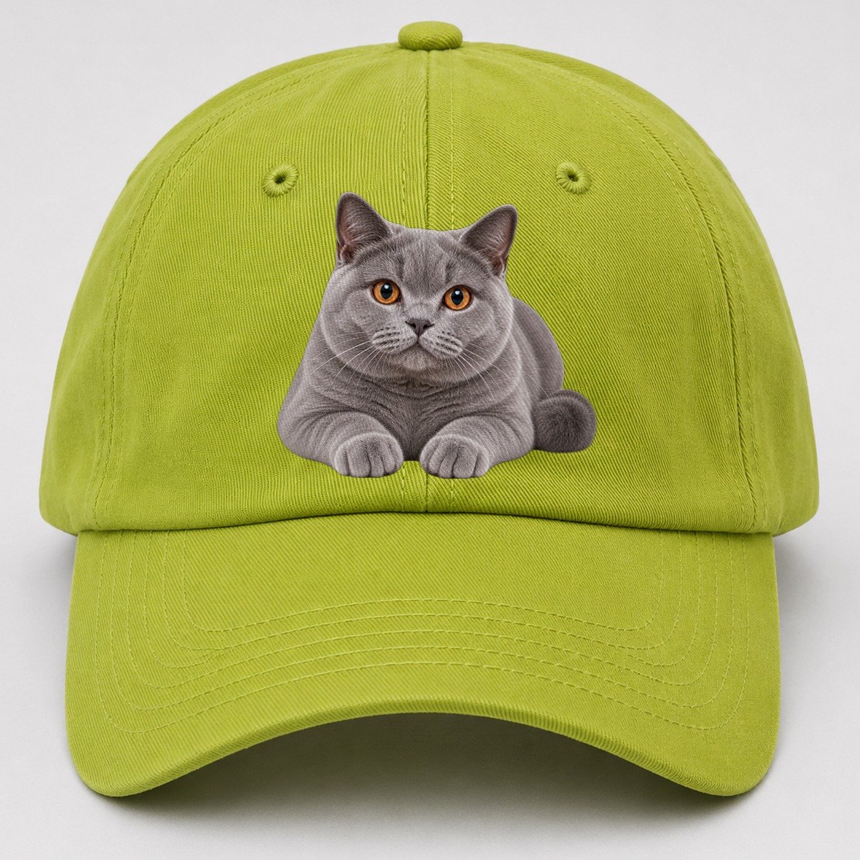 British Shorthair Reclining Paws Forward Realistic Cat Portrait Baseball Cap – Fluorescent Green