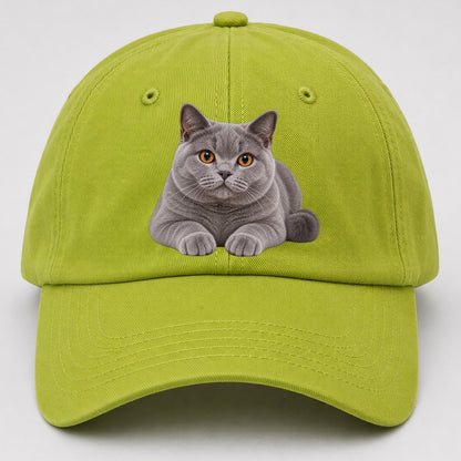 British Shorthair Reclining Paws Forward Realistic Cat Portrait Baseball Cap – Fluorescent Green