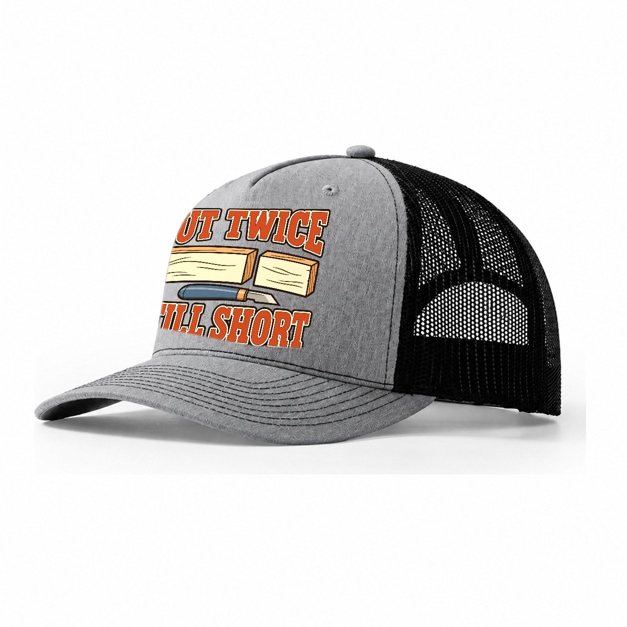 Cut Twice Still Short Woodworking Trucker Hat – Sport Grey Black