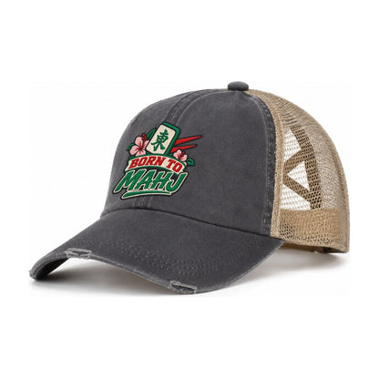 Born To Mahj Mahjong Game Night Women's Ponytail Trucker Hat – Charcoal Khaki