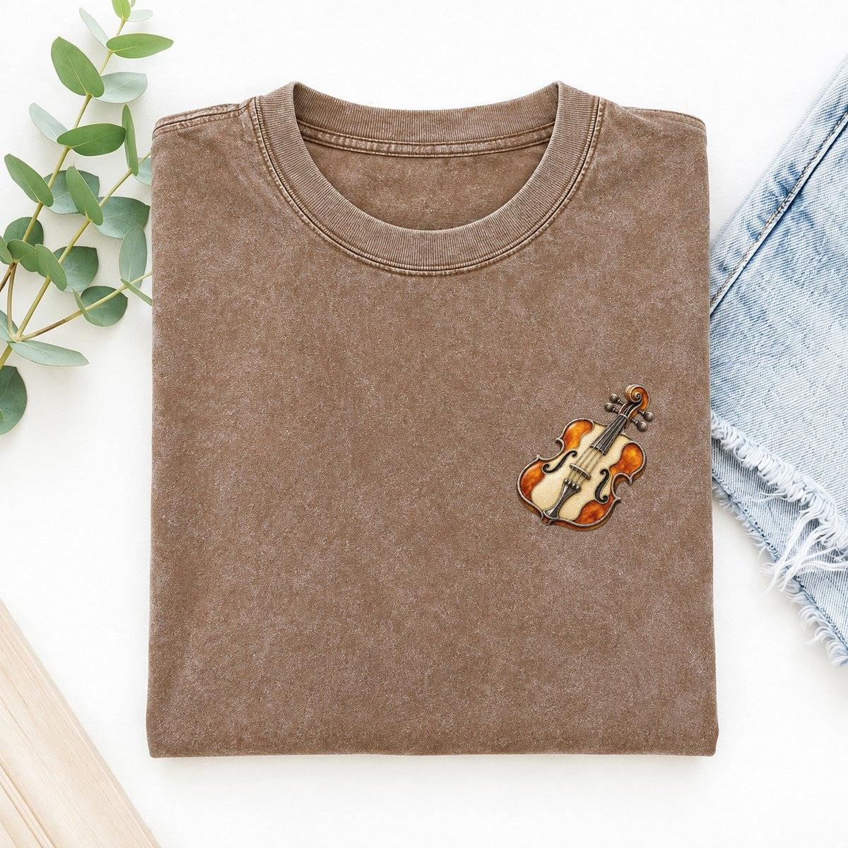 Violin Scroll Curl Keepsake Emblem Left Chest Vintage T-shirt – Brown
