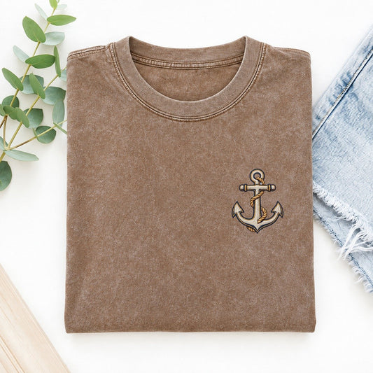 Anchor Rope Symbol Emblems Left Chest Vintage T-shirt – Brown