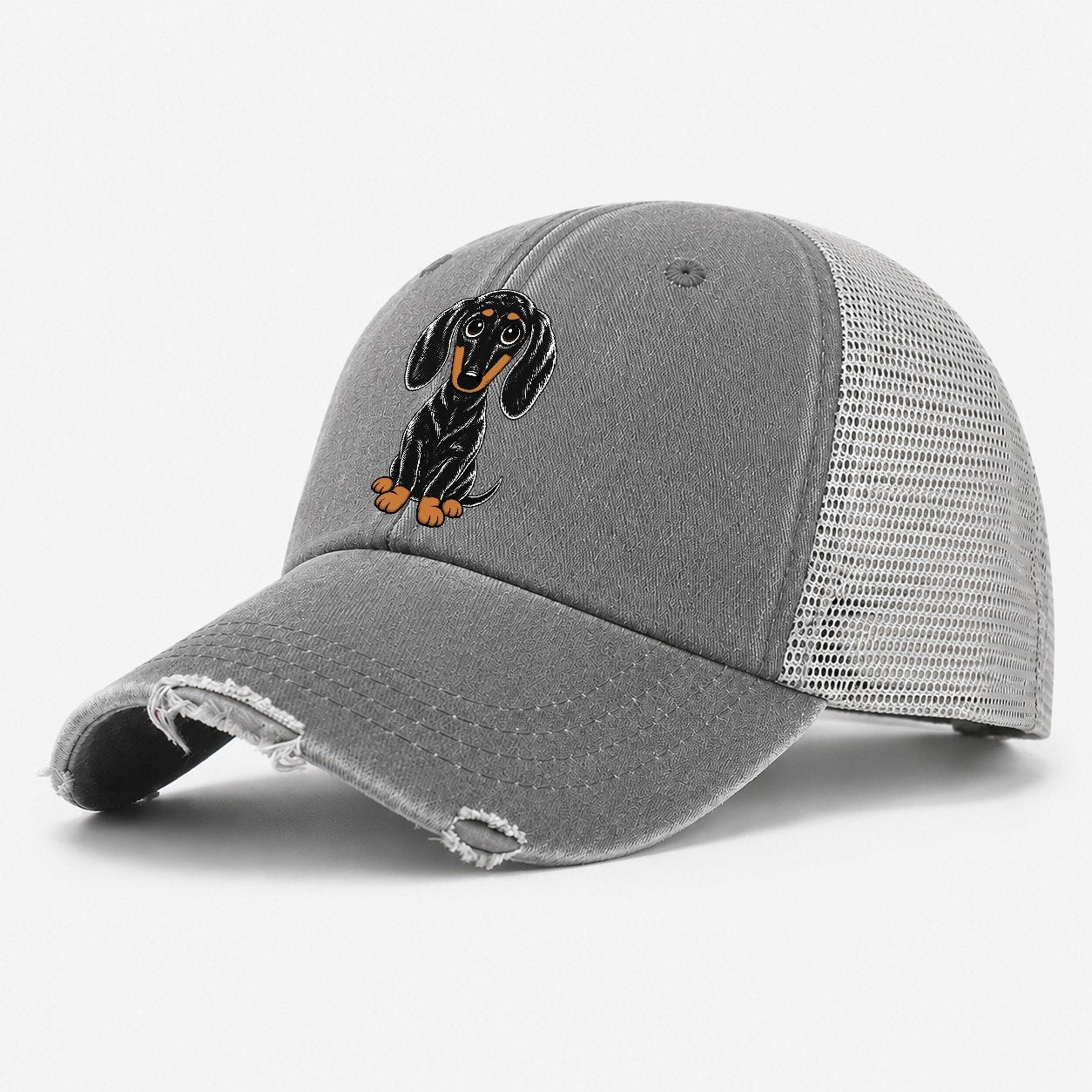 Retro Dachshund Washed Trucker Hat – Grey