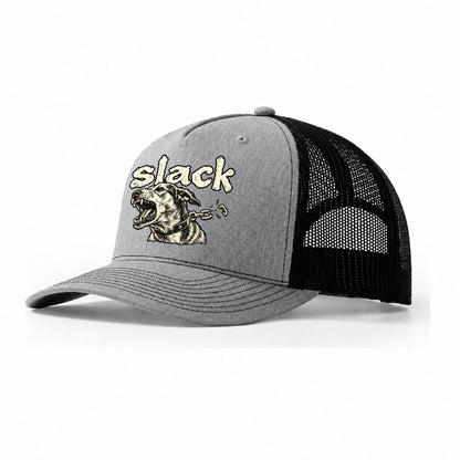 A Dog Head Straining Forward Against A Chain That Has Just Snapped Bark For Me Trucker Hat – Sport Grey Black