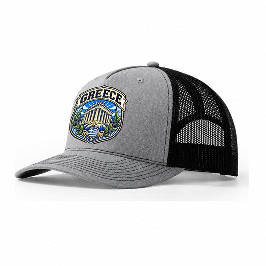 Greece Retro Badge Country Logos Trucker Hat – Sport Grey Black