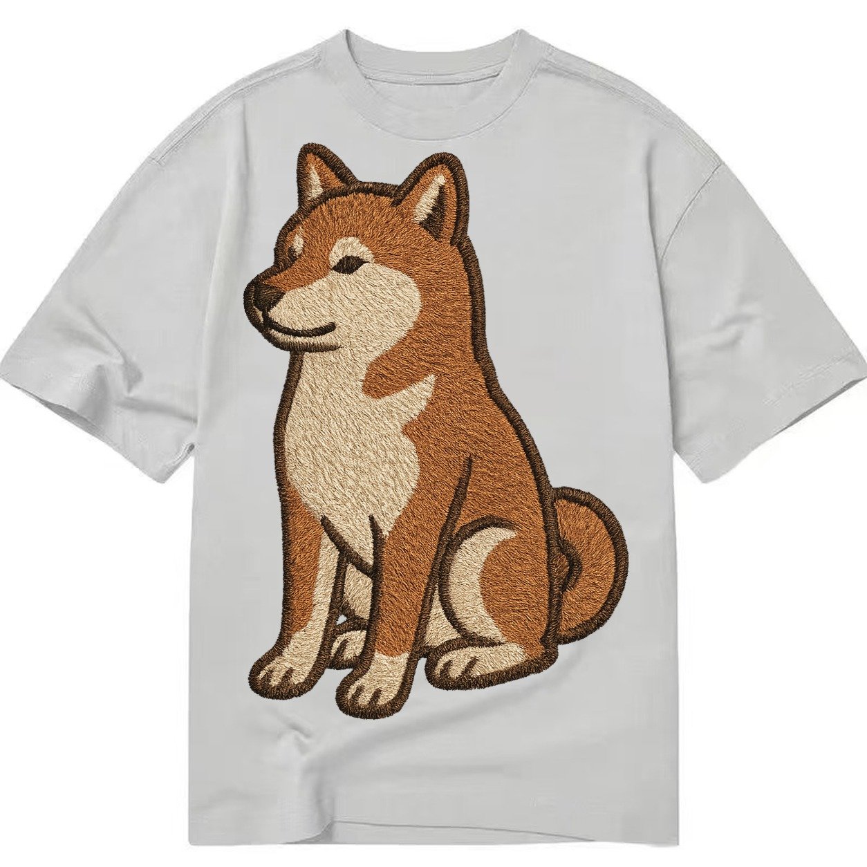 Shiba Inu Red Sesame Embroidered Sitting Pose Classic T-shirt – Grey