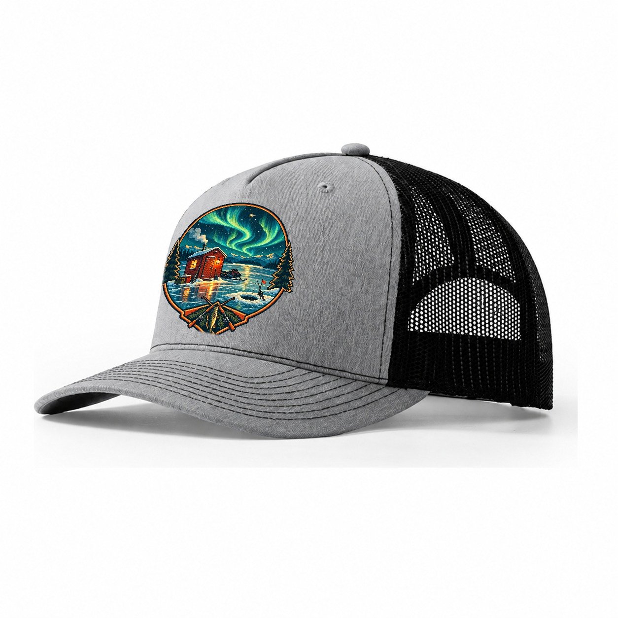 Northern Ice Shack Night Fishing Club Trucker Hat – Sport Grey Black