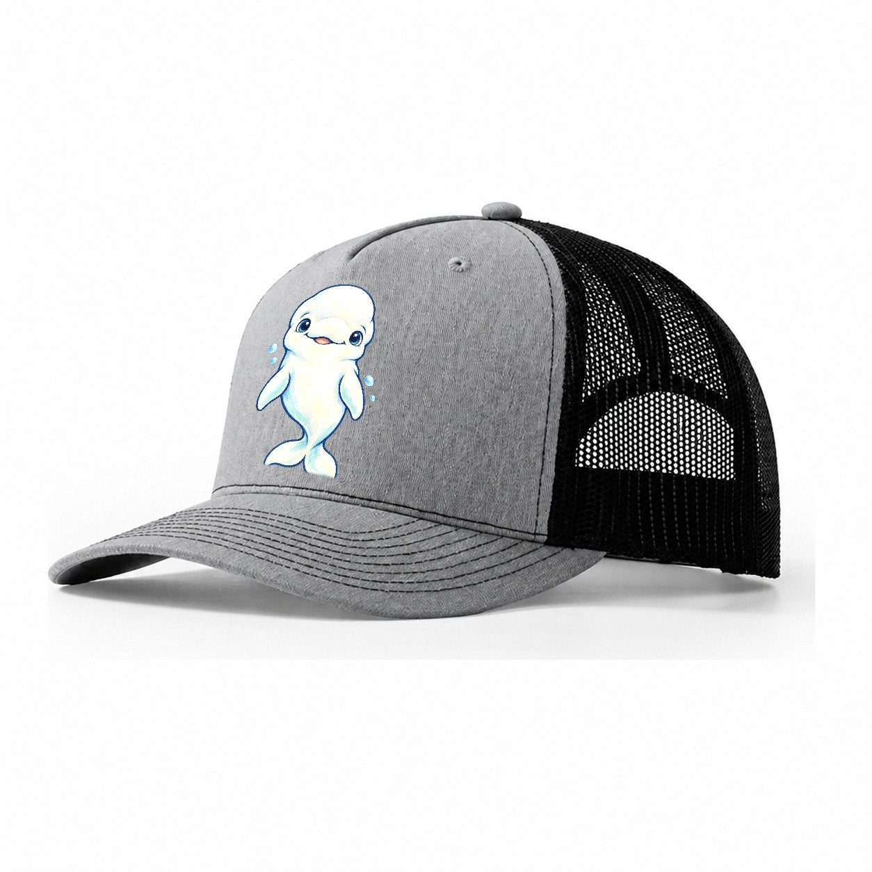 Beluga Whale Front Smile Sea Sprite Trucker Hat – Sport Grey Black