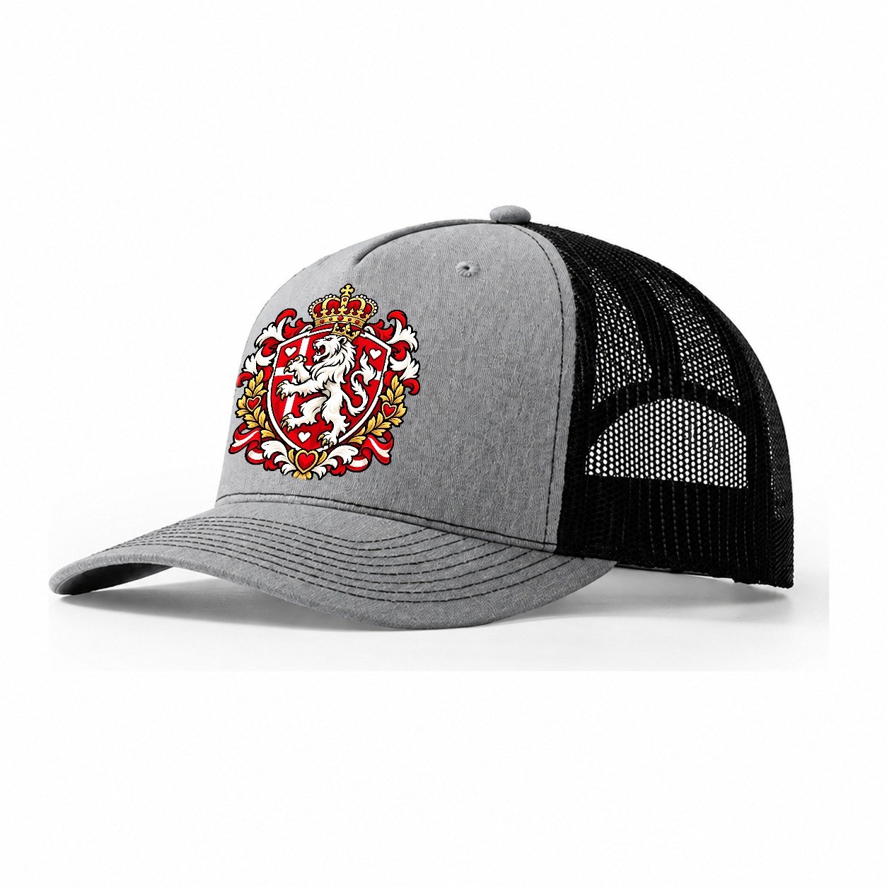 Denmark Heraldic Crest Country Logos Trucker Hat – Sport Grey Black